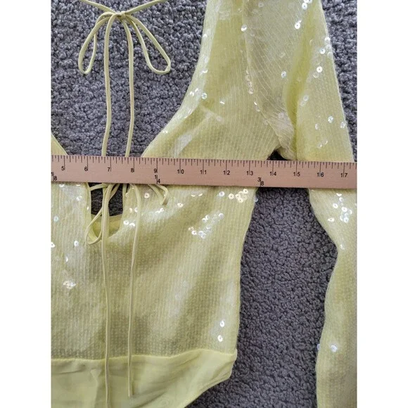 Bardot Verona Sequined Bodysuit Top Women's 6 Canary Yellow Long Sleeve Snap - Picture 6 of 15